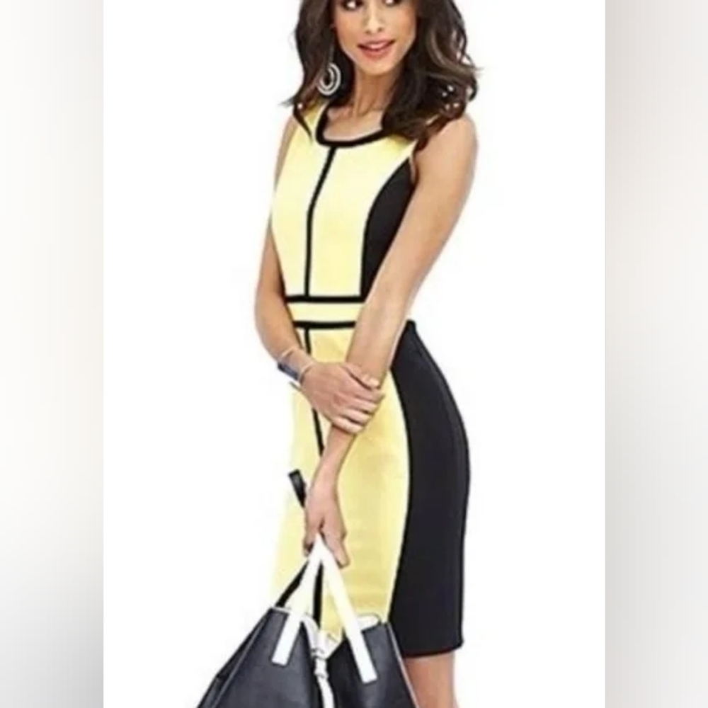 New York & Company Yellow and Black Midi Dress & Sweater Set